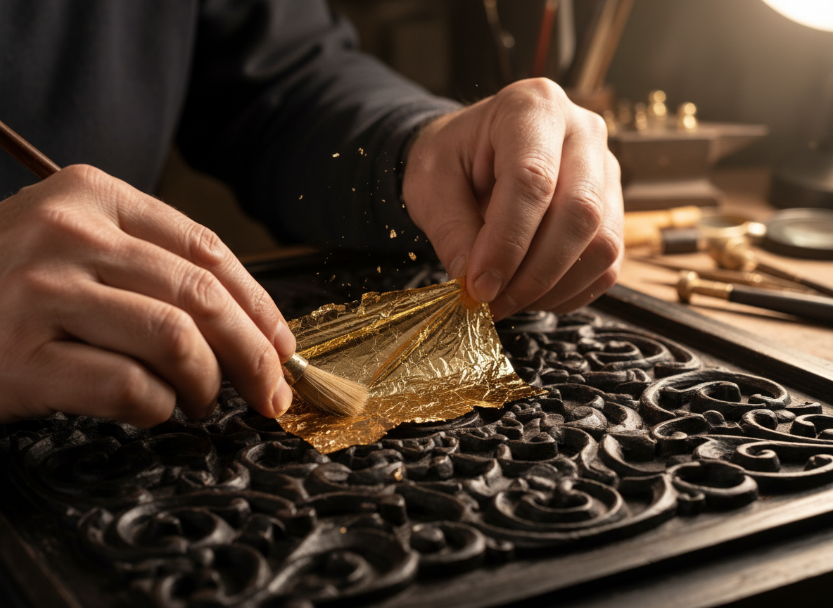 Skilled artisan working on delicate gold ornamentation